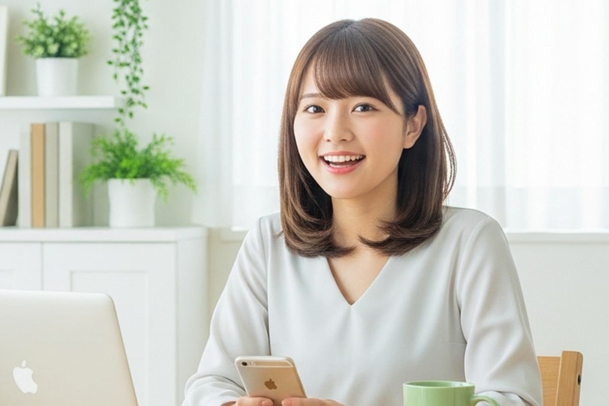 パソコンの前でスマホを持っている女性